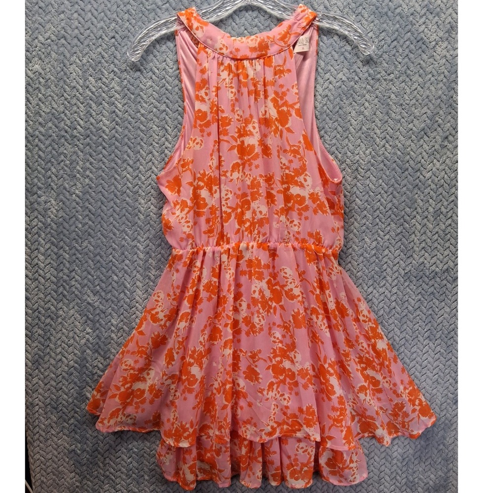 Sienna Sky Pink Orange Floral Halter Mini Dress Ruffle Tiered Summer Fun Medium